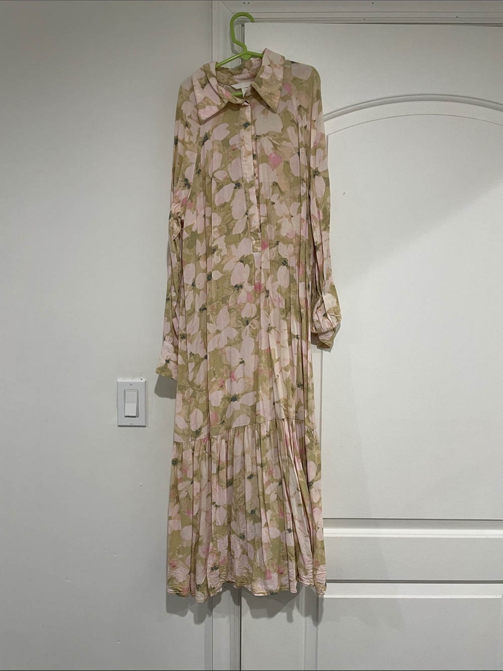 H&M Pink and Olive Floral Long-Sleeve Midi Dress